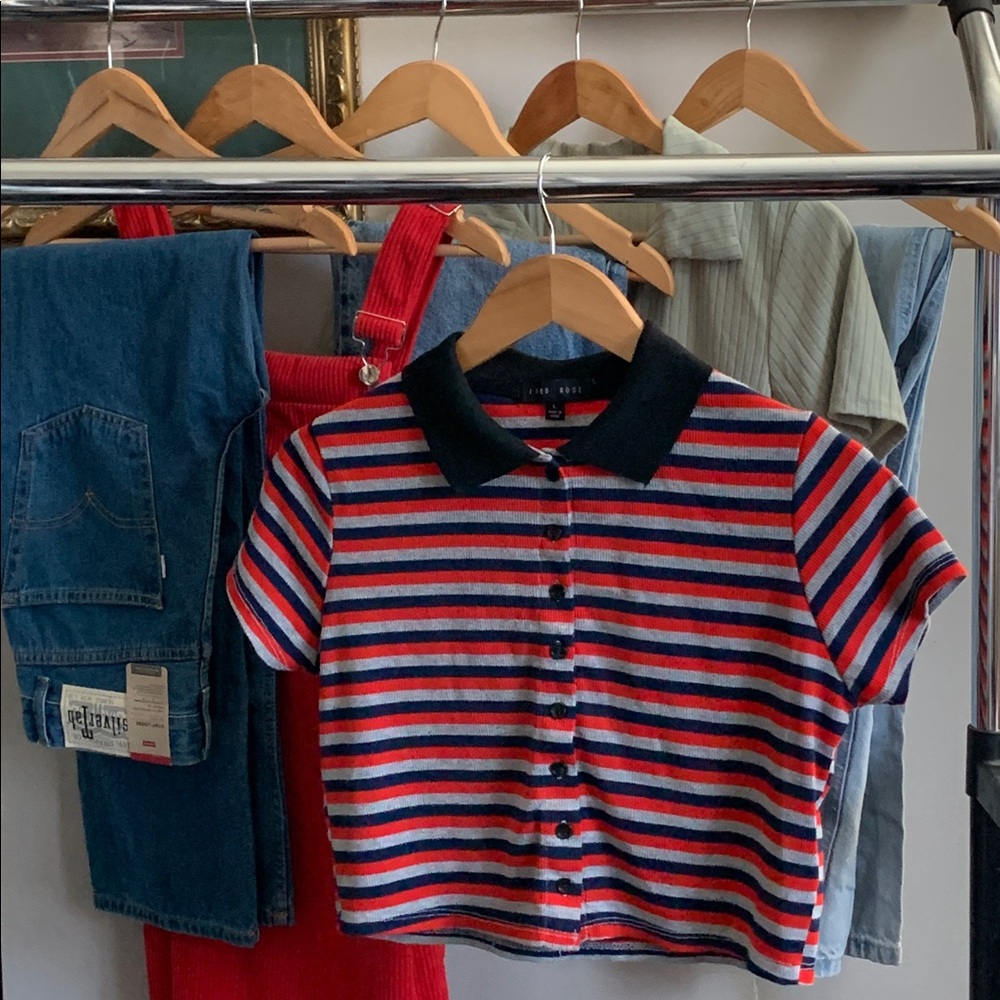 Retro Faded Rose Cropped fitted button up striped top Y2K Indie